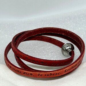 Red Leather Wrap Bracelet With Multilingual "I Love You" Text & Magnetic Clasp